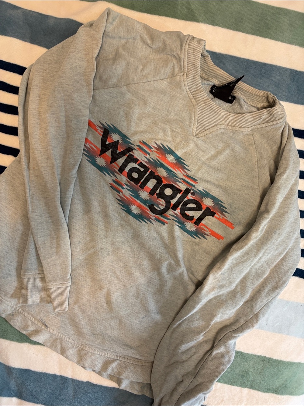 Wrangler Light Gray Crewneck with Teal & Orange Aztec Logo